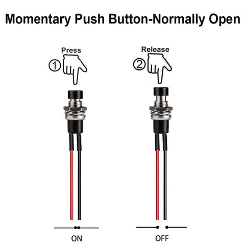 Illustration of Mini Prewired 7mm Black Momentary Push Button Switches 2 Pin SPST No NC On Off with ON/OFF positions.