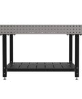 Heavy Duty Welding Fixture Table With Storage Shelf 60 By 60 By 36 Inches with laser cut holes and sturdy black legs.