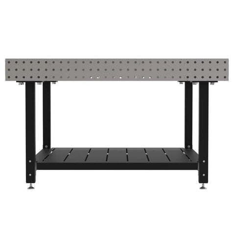 Heavy Duty Welding Fixture Table With Storage Shelf 60 By 60 By 36 Inches with laser cut holes and sturdy black legs.