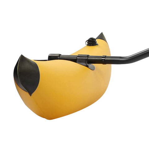 Close-up of yellow Grab-And-Go Portable PVC Kayak Outrigger Stabilizer Kit For Fishing And Tubing, attached to a kayak pole.