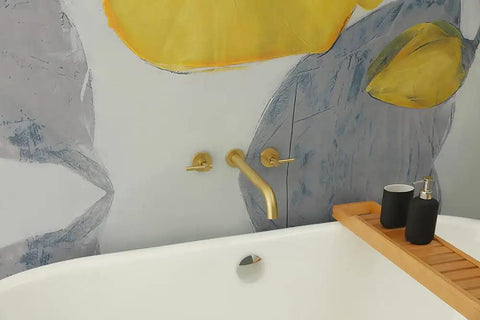 Wall Mount Tub Filler With Two Handles Bathtub Faucet, Extra Long 11 Inch Spout Reach, Gold Brushed Finish over bathtub