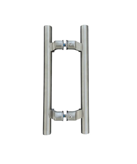 Post Mount Offset Double Sided Ladder Style Push Pull Door Handle 12 Inch Satin Stainless Steel For Wood Steel Glass Doors Interior Exterior With Mounting Hardware Included, shown vertically.