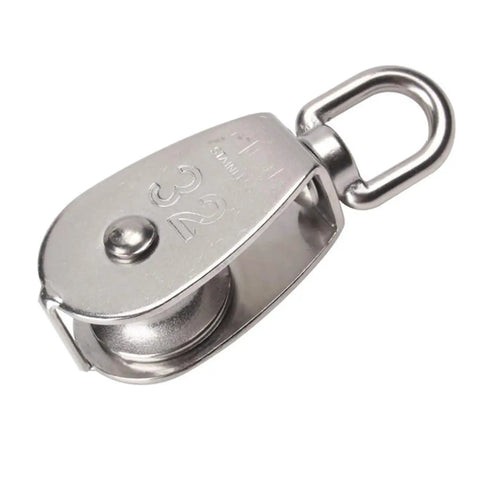 Close-up of Two Pack M32 Stainless Steel Swivel Pulley Block with carabiner, showcasing 304 steel build and heavy duty lifting system