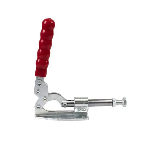 Single clamp from Five Pack Toggle Latch Clamps For Woodworking, Quick Release Push Pull Clamps For Table Saw Fence Positioning, Hold Down Jigs And Fixtures, Non Slip Secure Grip, Cold Rolled Steel Construction, side view showing red handle and silver metal components.