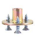 Heavy Duty Built Tough Carbon Steel Brad Hole Tee Nuts Quarter Inch Twenty Thread 16 Pack Round Base Screw In T Nuts With Screws on a white background.