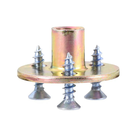 Heavy Duty Built Tough Carbon Steel Brad Hole Tee Nuts Quarter Inch Twenty Thread 16 Pack Round Base Screw In T Nuts With Screws on a white background.