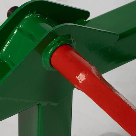 Close-up of Euro Global Hay Frame with 49 Inch Spear and Stabilizers for John Deere Tractors, heavy duty gear.