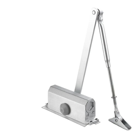Commercial Door Closer For 55-143 Lbs Doors, No-Fuss Auto Close System, durable metal finish, side view of the mechanism.