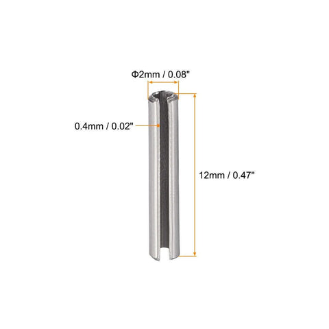 Slotted Spring Pin M2 x 12mm 304 Stainless Steel Axial Slotted Tension Pin Plain Finish, side view with dimensions