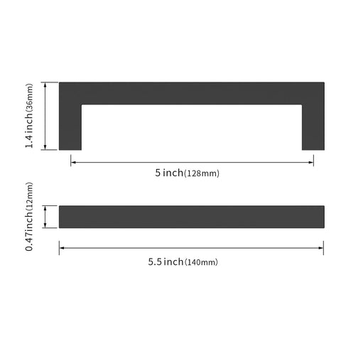 Diagram showing dimensions of 5-inch matte black cabinet handle from 10 Pack Matte Black 5 Inch Cabinet Handles 128mm Stainless Steel Cupboard Drawer Pulls For Kitchen Cabinets Dresser Furniture Hardware With Durable Solid Construction And Easy Mounting.
