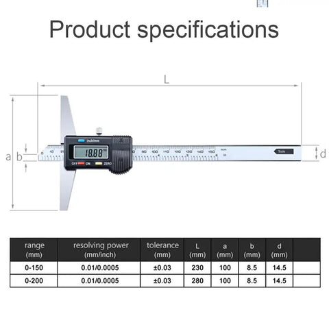 Digital Depth Caliper Gauge 0 To 150mm 0.01mm Resolution Electronic Depth Rule With Stainless Steel Body product specs