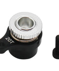Front view of CNC aluminum 20T servo saver knob with black base and silver knurled top, includes mounting screw