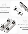 Stainless steel components for Triple Track Sliding Door Hardware Kit With Aluminum U Channel Rails No Drill Adhesive Easy Install.