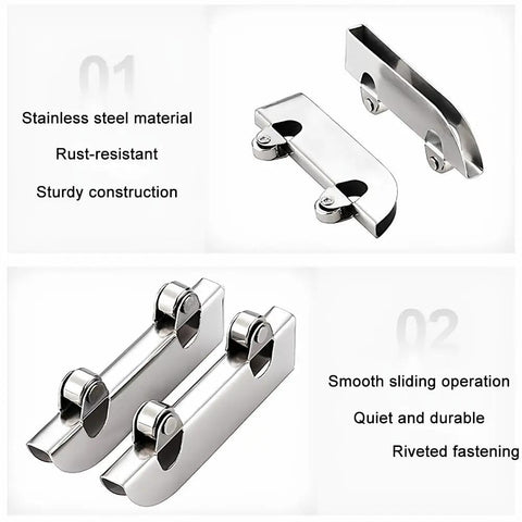 Stainless steel components for Triple Track Sliding Door Hardware Kit With Aluminum U Channel Rails No Drill Adhesive Easy Install.