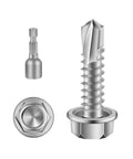 Heavy Duty Rip Through Sheet Metal Screws With Hex Washer Head Design Built Tough For No Sweat Self Drilling And Tapping Ten By Three Quarters Projects In Solid 410 Stainless Steel With 100 Count Pack featuring hex washer head and sharp tip.