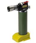 Handheld Microflam Burner MFB/E with Piezo ignition and adjustable gas and air controls, green casing, yellow base, front view.