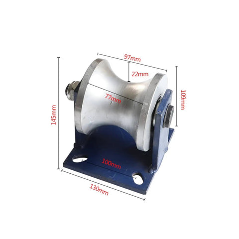 Heavy Duty Industrial Gate Rollers With Precision U Groove Track Wheels Built Tough, 145mm high, aluminum roller on a metal base.