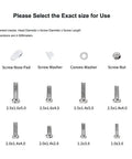 Chart of screws, nose pads, and washers sizes for All In One Eyeglasses Repair Kit With 1100 Tiny Screws, 5 Pairs Nose Pads.