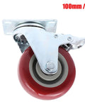 Red Brake Swivel Caster Wheels TPR Metal with Dual Bearings, 2pcs, 100mm size, showcasing a close-up view of the wheel and plate.