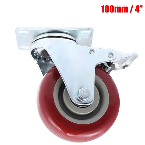 Red Brake Swivel Caster Wheels TPR Metal with Dual Bearings, 2pcs, 100mm size, showcasing a close-up view of the wheel and plate.