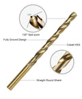 Cobalt HSS drill bit with 135° tip and split point from 115 Piece Cobalt Drill Bit Set With Pro Grade High Speed Steel And 135 Degree Tip For Hardened Metal Plastic And Wood In A Metal Indexed Storage Case Includes Fractional Sizes One Sixteenth To One Half Inch, Letter A To Z, And Wire Sizes One To Sixty.