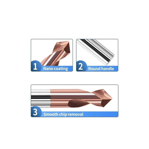 Carbide spot drill bit with copper coating and round silver handle; features nano coating and smooth chip removal