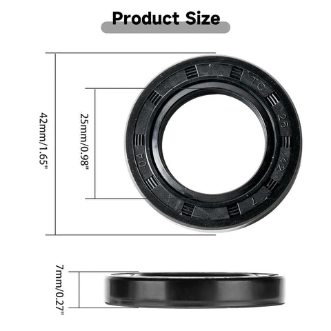 Front and side views of a 5-pack black nitrile oil seal, TC double-lip with spring, 25x42x7 mm.