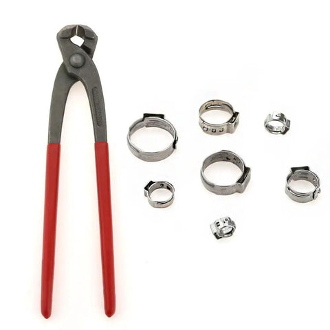 80 Piece Stainless Steel Single Ear Hose Clamps Kit With Pincers For Sizes 7 To 21 Millimeters, 304 Grade, shown with red-handled pincers