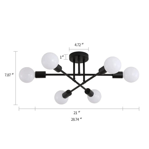 Black Modern Sputnik Chandelier Ceiling Light Fixture 6 Lights Industrial Metal Semi Flush Mount dimensions diagram.