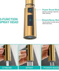 Smooth Operator Brushed Gold Kitchen Faucet With Sleek Single Handle And Slick Pull Down Sprayer For Zero Hassle Cleaning Featuring Splash Proof Three Way Spray showing 3-function spray head with button controls.