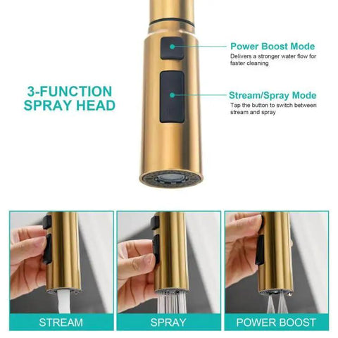 Smooth Operator Brushed Gold Kitchen Faucet With Sleek Single Handle And Slick Pull Down Sprayer For Zero Hassle Cleaning Featuring Splash Proof Three Way Spray showing 3-function spray head with button controls.