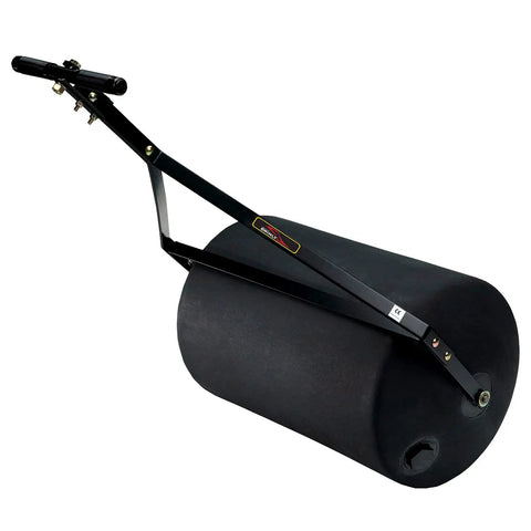 270 Lb Push And Tow Poly Lawn Roller With Easy Turn Tethered Plug 18 By 24 Inch Flat Black Heavy Duty Drum shown with handle