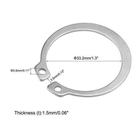 40mm External Circlips C Clip Retaining Ring Set In 304 Stainless Steel 20 Count For Shafts And Grooves With 33.2mm Inner Diameter And 1.5mm Thick Snap Ring Hardware A Must Have For Any Shaft Assembly, showing front view with dimensions.