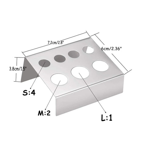 Pro Grade Stainless Steel Tattoo Ink Cup Holder Stand, 5 Piece 7 Holes Pigment Cup Caps Organizer, silver, dimensions labeled