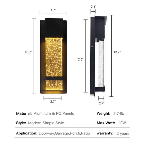 Front and side view of 2 Pack Crystal LED Wall Lights With Frosted Matte Shade, Sleek Black Aluminum Sconce Outdoor Fixtures, 3000K Warm Glow highlighting dimensions and weight.