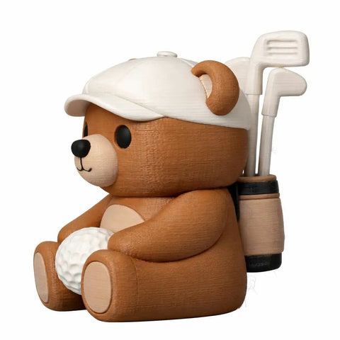 Chill Golf Bear Figurine For Your Desk, cute brown bear holding a golf ball, wearing a cap with golf clubs, 3D printed in Canada