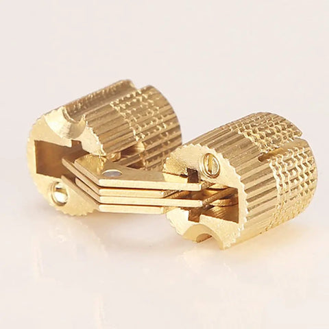 Close-up of Hidden Barrel Hinges Set Four Pack 10mm Brass Concealed Furniture Hinges With 180 Degree Opening Golden Finish