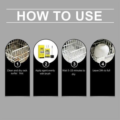 How to use Slick Dishwasher Rack Repair Coating 30 Ml White Touch Up Paint instructions for rust prevention.