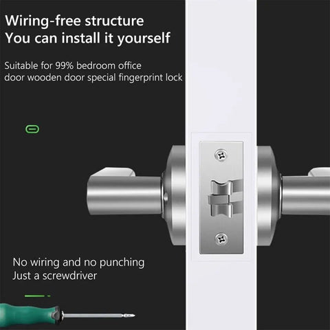 Slick Electronic Smart Lock Featuring Semiconductor Fingerprint Handle For Lightning Fast Zero Drama Door Unlock And Bulletproof Home Office Security With Space For Thirty Unique Prints, showing wiring-free installation on a wooden door.