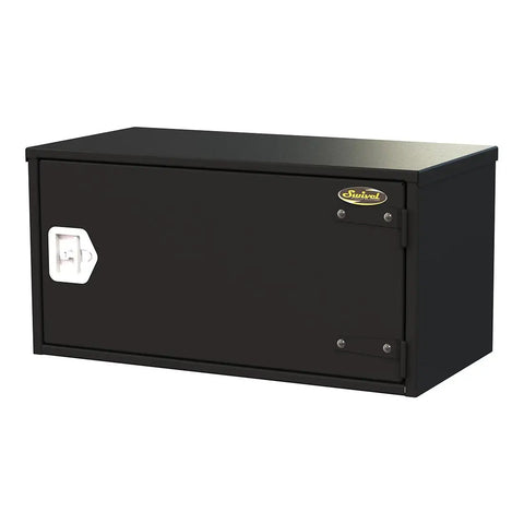 Heavy Duty Swivel Three Drawer Underbody Truck Storage Box view featuring a black metal finish and side latch for secure storage.