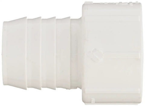 PVC Pipe Fitting Adapter Barbed End To Socket End Schedule 40 One And A Half Inch White Pro Grade, side view