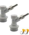 Corny Keg Ball Lock Gas Disconnect MFL One Quarter Inch Quick Connect For Homebrewing Includes Five Sixteenths Swivel Nuts And Two Free Worm Clamps Easy Plug and Play Setup Durable PBT And Stainless Steel Build, two gray disconnects and clamps