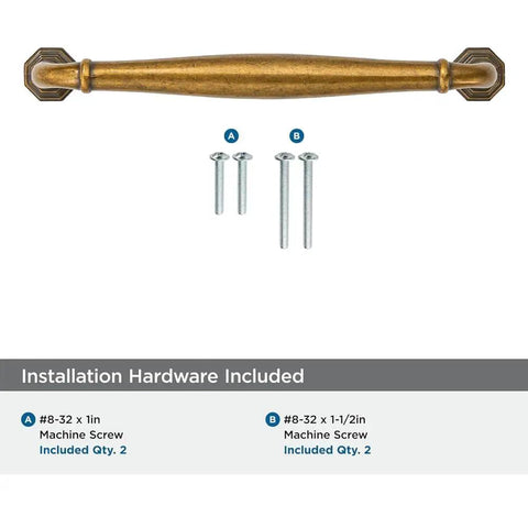 Front view of two pack 5 inch antique brass cabinet pulls with included machine screws for cupboard doors and drawer pulls.