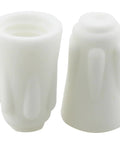 Two white ceramic twist-cap wire connector nuts shown from front and side for high-temperature lighting use.