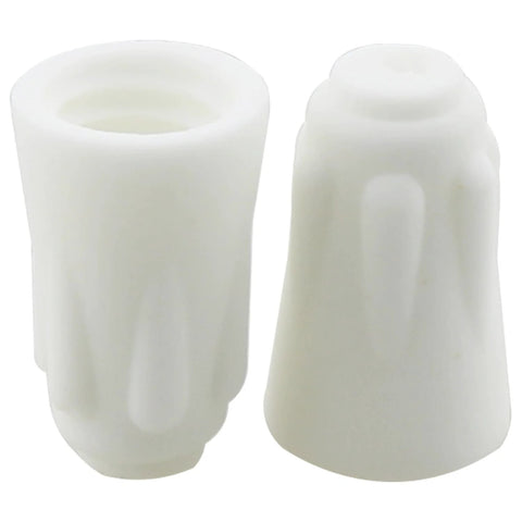 Two white ceramic twist-cap wire connector nuts shown from front and side for high-temperature lighting use.