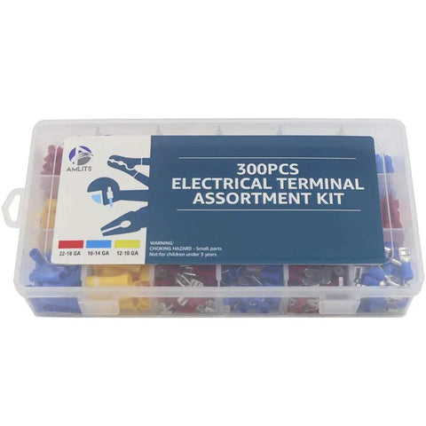 300 Piece Insulated Wire Terminal Kit With Butt Ring Spade And Quick Disconnect Crimp Connectors, Color Coded Red Blue Yellow