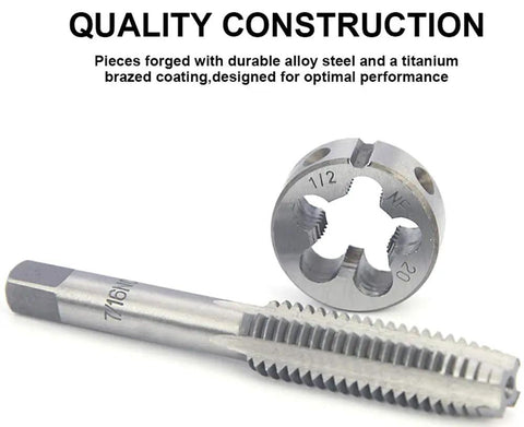 Tap And Die Set 40 Piece Alloy Steel For Cutting External And Internal Threads In SAE Inch Sizes Create New Threads Or Repair Damaged Threads Heavy Duty Tool Kit For Mechanics And DIY Enthusiasts, close-up view of tap and die with size markings and teeth detail.
