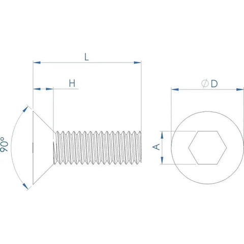Technical drawing of Pack Of 100 M4 X 12mm Stainless Steel Hex Drive Flat Head Machine Screws dimensions and features.