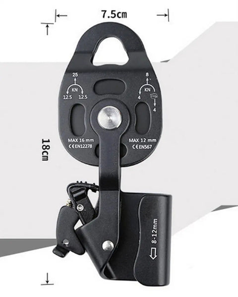 Self Locking Pulley With Progress Capture Swing Side For Heavy Hauling And Lifting System Aluminum Alloy Wheel 400 Kg Load 25 KN Breaking Strength Ball Bearings 8 To 12 Millimeter Rope Compatibility 18cm By 7.5cm Anodized Finish Black, front view