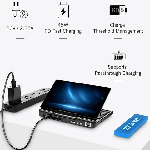 Pocket Sized Handheld Laptop Boosted By A Slick Seven Inch Display Running Windows 11 Home powered on with fast charging cable connected.